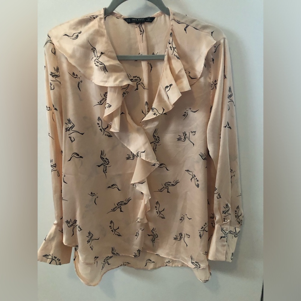 Zara Basic Ruffled Pink Satin Blouse L
